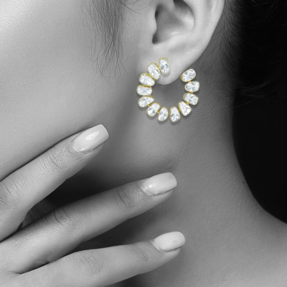 Spiral Hoop Earrings with Polki in Open Setting
